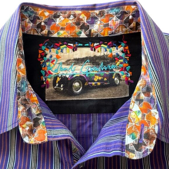 Robert Graham Purple Striped Cotton Long Sleeve Whimsical Button Down XL LSU - Picture 2 of 9